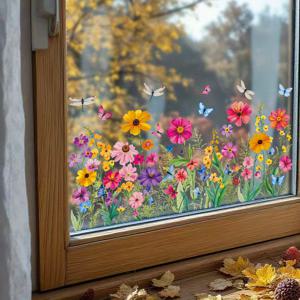 TEMU 재사용 가능한 양면 페인팅 나비 & 꽃 창문 스티커 - 16밀 두께의 멀티컬러 정전기 접착 데칼, 유리 문, 벽, 발코니 및 창 디스플레이에 쉽게 부착 가능 - 잔여물 없는 홈 데코