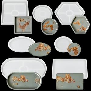 TEMU 트레이용 실리콘 몰드 7개 세트 (석고 및 레진 캐스팅 몰드 포함). 타원형, 원형, 직사각형, 정사각형 및 육각형과 같은 다양한 모양의 코스터 및 티 트레이 제작을 위해 설계되었습니다. 에폭시 레진 프로젝트에 적합합니다.