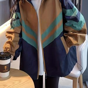 TEMU 대비되는 색상의 스트라이프가 있는 여성용 후드 재킷, 야구 스타일