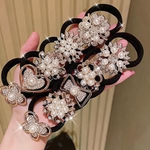 TEMU 우아한 블랙 헤어타이 - 이미테이션 진주 & 플로럴 액센트, 고탄력성과 내구성 있는 소재의 시스루리스 포니테일홀더 | 빈티지 스타일, 다용도 헤어 액세서리|빈티지 헤어 액세서리|패셔너블한 여성을 위한 튼튼한 헤어타이