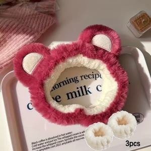 TEMU 세수용 헤어 스트랩 손목 스트랩 귀여운 곰 머리띠 헤어 액세서리 3개 세트