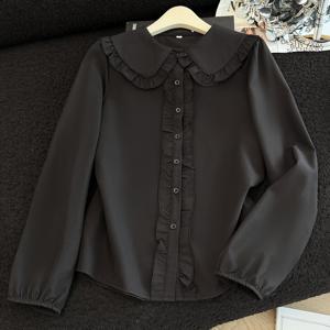 TEMU 여성용 돌고래 칼라와 러플 엣지의 긴팔 셔츠. 솔리드 블랙 및 화이트 색상으로 제공됩니다. 러플 커프스가 특징인 우아한 긴팔 블라우스. 반투명 섬유로 제작되었으며, 세련된 여성 패션 탑입니다.