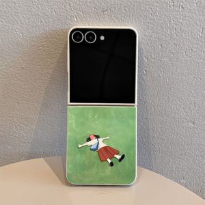 TEMU 휴대폰 케이스 - 6257 잔디밭 소녀 흑백 패턴 TPU 접이식 풀 커버 충격 방지 폰 케이스 (삼성 갤럭시 Z 플립 7/7SE/FE, 삼성 갤럭시 Z 플립 6, 삼성 갤럭시 Z 플립 5, 삼성 갤럭시 Z 플립 4용)