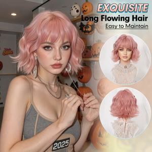 TEMU 10인치 핑크 컬리 가발, 깔끔한 앞머리; 여성용 가발, 카니발; Kpop, K Pop; Y2K; 코스프레; 도파민 스타일; 푹신한 헤어 네트; 축제 분위기; 초보자 필수템; 로즈 네트 모자 조절; 무광 고온; 유니크 가발