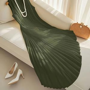 TEMU 올리브 그린 롱 드레스, 민소매 플리츠 드레스, 스트랩리스 맥시 드레스, 여성 쉬폰 드레스, 여성 휴가 드레스, 맥시 드레스, 브런치/가든 파티 드레스, 우아한 교회 드레스, A라인 플로우 맥시 드레스