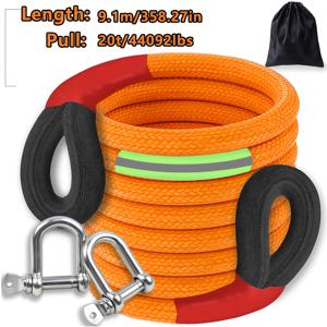TEMU 20톤/20000KG 고하중 견인 로프 키트 (스틸 후크 2개 & 보관 가방 포함) | 반사 스트립, 인장 강도 44092 lbs, 트럭, SUV, 자동차, RV, 보트, 트레일러용 전지형 - 길이: 3.05m/4.1m/5.1m/7