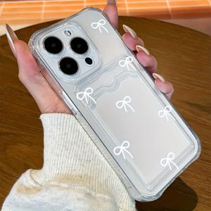 TEMU 폰케이스: 심플 화이트 리본 프린트 방탄 카드홀더 아이폰 17/17 Air/16/15/14/13/12/11 Pro Max/XR/XS/XS Max 시리즈용, 크리스마스 새해 생일 선물 친구, 친척, 파트너, 비즈니스 선물~방탄 카드홀더 소재 - 투명 - 리본 프린트 1132TC