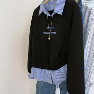 TEMU 여성용 신상 스타일리시 버튼업 캐주얼 자수 페이크 투피스 셔츠 (팔걸이 칼라, 긴소매, 풀오버 디자인), 봄/가을