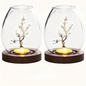 TEMU 4개 세트 (등고리 2개, 받침대 2개 포함), 나무 바닥 산수화 유리 양초 홀더 특징 - 빈티지 투명 중국 스타일의 젠(禅) 장식, 거실, 식당 및 야외 테이블 장식에 적합, 특별한 선물 아이디어, 양초 장식