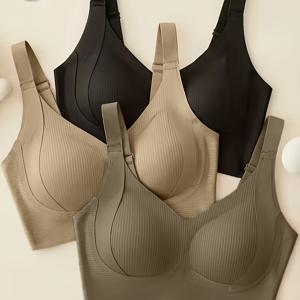 TEMU JOINBUY 여성용 풀커버 와이어프리 브라 3개 세트, 통기성이 뛰어난 심리스 디자인, 조절 가능한 V넥 스트랩, 탈착식 패드, 미디엄 리프트 소프트 솔, 요가, 헬스, 데일리웨어용 제품, 스포츠 & 캐주얼 속옷(심리스)