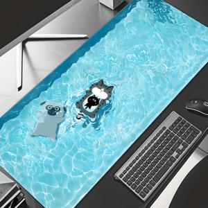 TEMU 귀여운 강아지와 고양이 마우스 패드, 확장형 데스크 매트, 미니멀 게이밍 패드, 블루 웨이브 디자인, HD 프린트, 오피스 데스크 액세서리, 내구성 키보드 매트