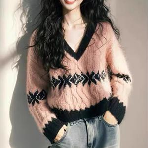 TEMU V넥 컬러블로킹 소프트 왁스 셔츠 스웨터 여성 가을 겨울 신상 루즈핏 슬림핏 3301222