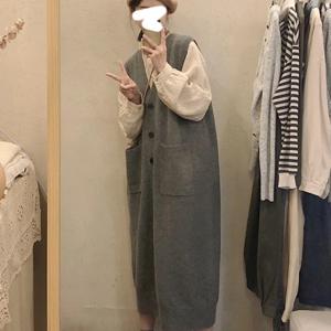TEMU 한국식 심플 솔리드 컬러 엑스트라 롱 대형 V넥 니트 베스트 드레스 베스트 드레스 대형 보드 스웨터
