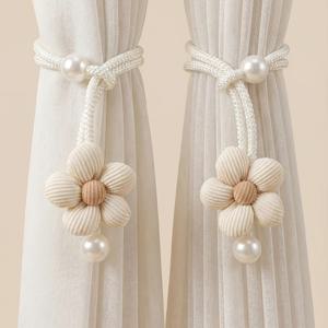 TEMU 2개 세트 베이지 직조 로프 커튼 타이백, 진주 장식 커튼 홀더, 거실 및 침실용 홈 데코