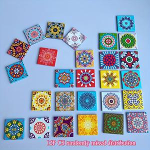 TEMU 정사각형 컬러 만다라 패턴 유리 타일 6/12개, 직경 4.8cm/1.89인치, 투명하고 섬세하며 아름다운 스프레이 프린팅 패턴의 융착 유리 용품. 내마모성, 세척이 쉬운, 방수, 내유성 장식 소재로, 수공예 프로젝트, 바 카운터 수조 장식, 아름다운 정원 야외 벽 장식, DIY 공예품에 적합