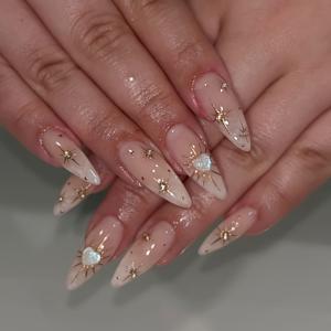 TEMU 24개입 아몬드형 프레스온 네일 - 선, 별하늘, 하트 패턴 글로시 풀 커버리지 여성용 데일리 & 파티 네일아트