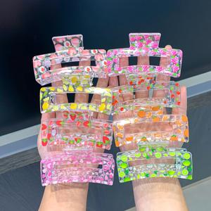 TEMU 8개 세트 스퀘어 프린트 헤어 클립, 8cm 긴 여성용 뒷머리 앞머리 집게핀 - 복숭아, 포도, 딸기, 오렌지, 하트 디자인 대형 샤크 클립 선물세트