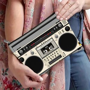 TEMU 클래식 휴대용 스피커 디자인과 카세트 플레이어 패턴의 2D 평면 프린팅 메이크업 가방 1개, 경량, 접이식, 지퍼형 화장품 파우치, 휴대용 수납 | 지퍼 잠금, 소형 메이크업 가방, 2D 평면
