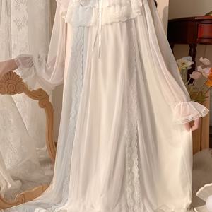 TEMU 여성용 패셔너블 순수하고 몽환적인 요정 스타일 나이트가운, 봄 여름 프릴 궁녀 스타일, 봄 가을 레이스 쉬폰 화이트 스위트 홈웨어 긴팔