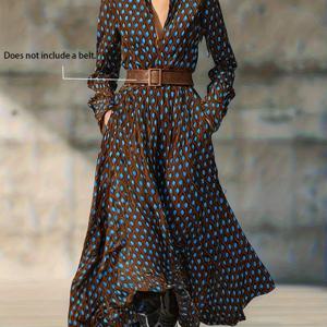 TEMU 우아하고 캐주얼한 바캉스 출퇴근 패션 빈티지 발렌타인데이 모양 로열 블루 & 브라운 체크 셔츠 (버튼-하프 플래킷, 긴소매, 탄성 허리, 봄 & 가을용 플로잉 롱 스커트 드레스 (미포함))