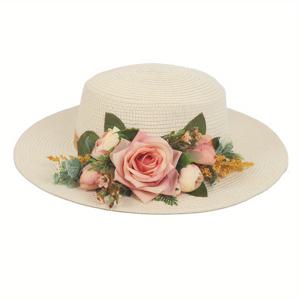 TEMU 여성용 수제 꽃무늬 평면 종이짚 모자 솔리드 컬러 우아한 여행 비치 선캡