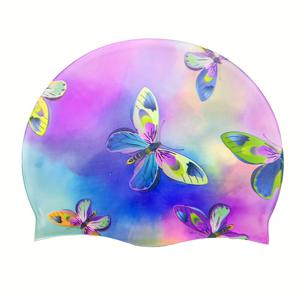 TEMU 1개, 그라데이션 동물 프린트 수영 모자, 실리콘 및 탄성 수영 모자, 성인 수영장 훈련 장비, 실리콘 다이빙 모자