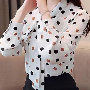 TEMU 여성용 우아한 도트 프린트 긴팔 블라우스 - 테일러 칼라 & 라운드 도트 셔츠, 봄/가을 캐주얼 & 세미포멀 탑, 세탁기 사용 가능, 캐주얼 복장, 파티, 오피스용