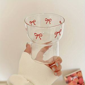 TEMU 귀여운 리본 유리 물컵, 인스 스타일, 달콤한 주스, 디저트, 아침 우유, 커피에 완벽합니다. 친구, 개장식, 여름 음료 선물로 좋습니다. 고품질 붕규산 유리 재질.
