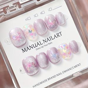 TEMU 아이스 하드, 10개입 짧은 사각 및 원형 핸드메이드 네일 세트, 라이트 퍼플 풀 커버리지 인조 네일, 드림스틱하고 로맨틱한, 나비, 탈착식 및 재사용 가능, 젤리 글루 1개 및 네일 파일 1개 포함, 여성 및