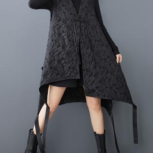 TEMU 일본 스타일 게으른 분위기 다크 테마 불규칙 자카드 민소매 롱 V넥 가디건 조끼, 캐주얼 레이어링에 다용도로 활용 가능한 루즈핏