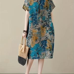 TEMU 원형 넥라인이 있는 부드럽고 매끄러운 미디 길이의 넉넉한 핏의 프린트 원피스 (엄마들을 위한)