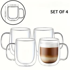 TEMU 4개 유리 커피 컵 이중벽 단열 유리 손잡이 포함, 투명 유리 커피 머그, 라떼 아메리카노 카푸치노에 매우 적합