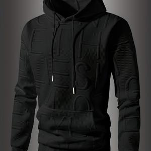 TEMU 남성 캐주얼 블랙 후드 스웨트셔츠, 엠보싱 레터 디자인 - 부드러운 긴소매, 드로스트링 후드와 캥거루 포켓, 봄/가을 시즌에 적합, 오버사이즈 후드티