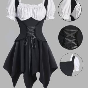 TEMU 빈티지 코트 스타일 패치워크 컬러블록 불규칙 밑단 귀여운 여성 드레스, 파티 휴가 귀여운 드레스, 패셔너블 레이스 패치워크 스퀘어 넥라인 퍼프 소매 나비 밑단 드레스, 파티와 외출에 적합한 고딕 빈티지 드레스