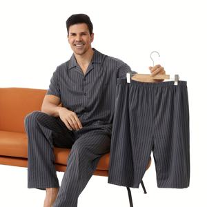 TEMU 남성 캐주얼 여름 파자마 세트 - 반팔 셔츠, 반바지 & 바지 패턴, 가벼우며 통기성이 좋음, 봄 & 가을, 올 시즌 편안함, 캐주얼 웨어 | 파자마 | 반팔 셔츠, 파자마 세트