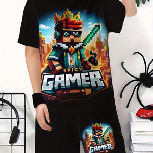 TEMU 여름 신상 애니메이션 패턴 3D 프린트 반팔 상의 및 반바지 여아 남아용 투피스 세트, 반팔 야외복