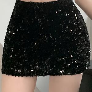 TEMU 새로운 블랙 스팽글 하이웨이스트 미니 스커트 - 파티, 클럽웨어 또는 여름 밤외출룩을 위한 섹시한 바디콘 글리터 숏 스커트