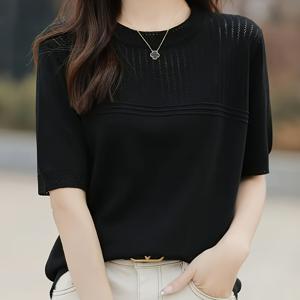 TEMU 여성용 우아한 여름 블라우스 - 통기성 아이스 실키 섬유 비침투 탑, 가벼운 여성 셔츠, 사무실·파티·일상복 - 부드러운 라운드넥 반소매 캐주얼 의류, 고품질 소재