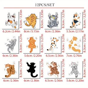 TEMU 귀여운 고양이 벽 오르기 캐릭터 스티커 12pcs 세트 - 티셔츠, 재킷, 모자, 가방 등에 적합한 카툰 스타일 열전사 스티커