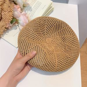 TEMU 여성용 캐주얼 모자 1개, 봄/여름용, 속이 빈 통기성 호박 모자, 여성 돔 베레모, 트렌디한 레트로 화가 모자, 부드럽고 끈적이는 팔각형 모자, 여성 브림리스 비니