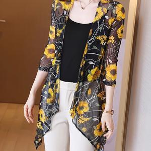 TEMU 여성용 경량 꽃무늬 카디건 - 노란색 & 검은색 기하학적 패턴, 3/4 소매 중간 길이 커버업, 여름 캐주얼 아웃팅용 의류 | 꽃무늬 카디건 | 경량 카디건