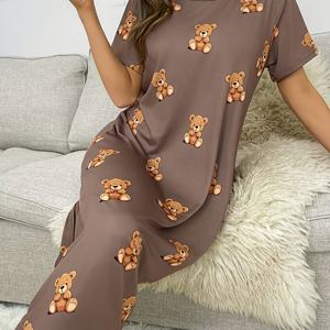 TEMU 아름다운 여성을 위한 귀여운 곰 잠옷, 패셔너블한 티셔츠 원피스, 숙면과 편안한 계절을 위한 반팔 가정복, 매끄럽고 윤기 나는 질감, 좋아하는 사람을 위한 최고의 휴일 선물, 별 다섯 개 평가는 행운을 가져다줌