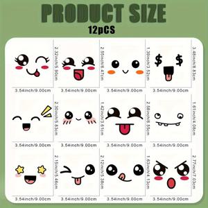 TEMU 귀엽고 즐거운 얼굴 DIY 전사 DTF 스티커 12개, 세탁 가능한 열전사 디자인, 티셔츠, 안면 마스크, 청바지, 백팩용 다리미 부착 데칼
