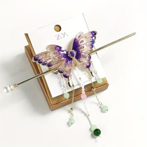 TEMU 1개 우아한 전통 중국식 헤어핀, 고급스러운 보라색 금나비 디자인 & 보석 장식과 태슬 참 - 땋은머리, 번드레, 업두용 여성 패션 헤어 액세서리