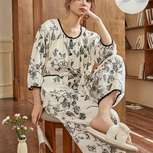 TEMU 여성용 캐주얼 파자마 세트, 내장 브라 포함 한국-일본 스타일 루즈핏 3/4 소매 & 7/8 팬츠 셔츠 - 여름/가을용, 4가지 사이즈 제공