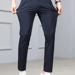 TEMU 남성 캐주얼 바지 비즈니스 정장 바지 아이스 섬유 원단 탄성 루즈핏 다용도 레그 아빠 스타일 바지 사무직 근로자 탄성 포멀 바지