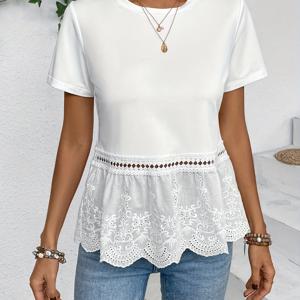 TEMU 여성 솔리드 컬러 반팔 티셔츠, 버너아웃 자수