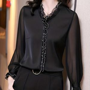 TEMU [우아한 V넥 블라우스] 우아한 V넥 블라우스 - 고품질 원단, 세련된 디자인, 다용도 탑, 부드러운 광택 질감, 올 시즌 오피스 파티 웨딩 복장 - 여성 의류, 스타일리시 탑, 프로페셔널 여성