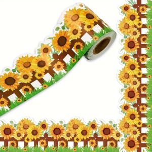 TEMU 1롤 - 10.0m 연속 수채화 해바라기와 잎 테두리 장식용 와시 테이프 - 갈색 액센트가 있는 컷팅 꽃무늬 패턴, 교실, 사무실, 파티, 사진 앨범, 결혼식, 어린이방 장식에 적합 - 식물 테마 공예용품, 고품질 접착 테이프, DIY 애호가를 위한 필수품, 내추럴 스타일 디자인, 이벤트 준비, 스크랩북 용품