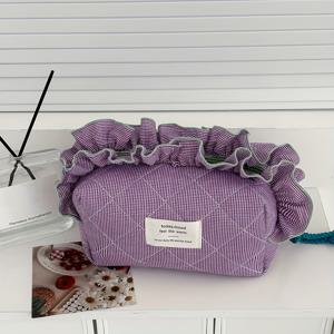 TEMU 레이스 체크무늬 메이크업 가방, 여아용 인스타 스타일 니치 디자인, 고급스러운 외관, 외출용, 가정용, 여행용 휴대용 대용량 화장품 파우치, 다용도